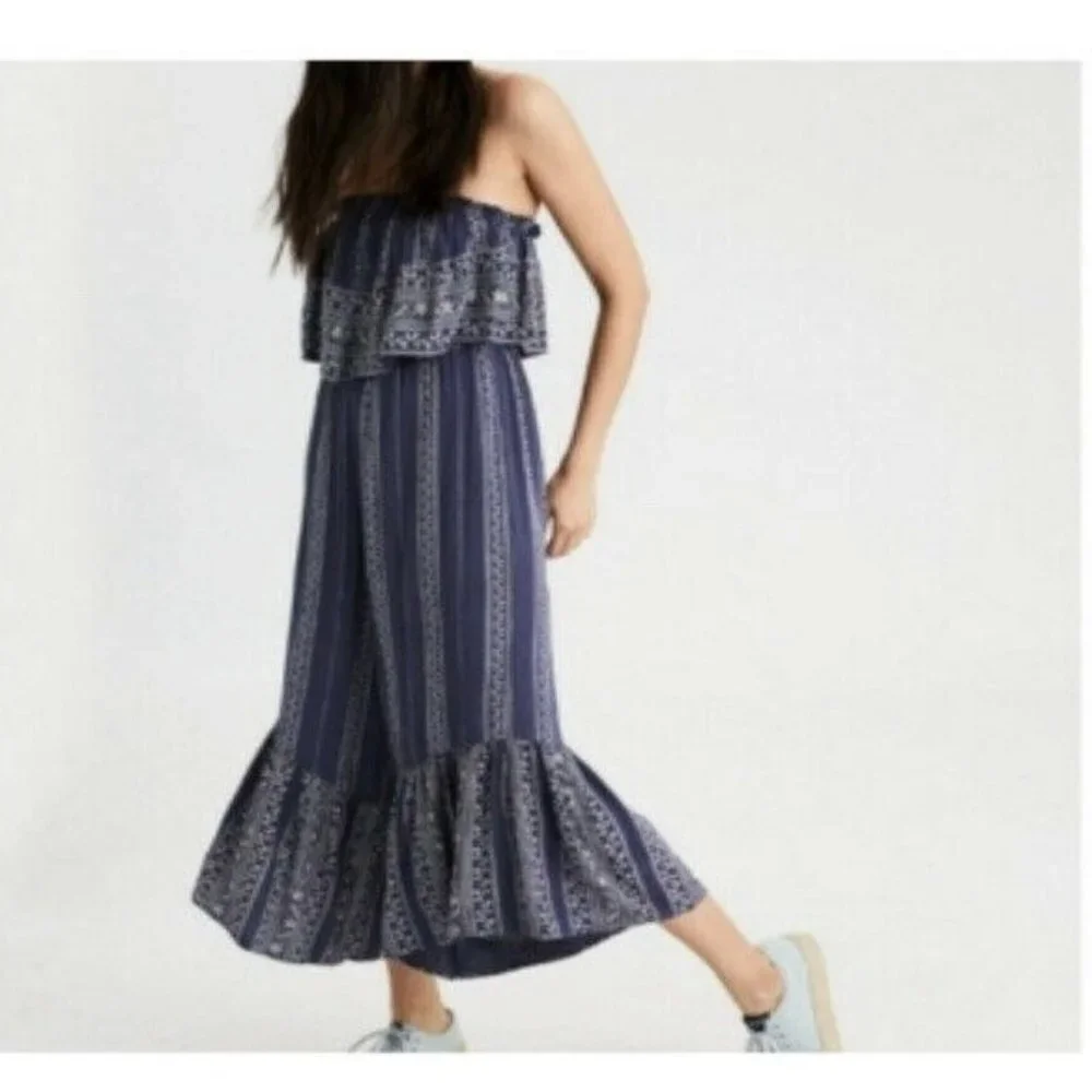 Japna Wide Leg Romper Women's Blue Flare‎ Strapless Smocked Jumpsuit SZ XS